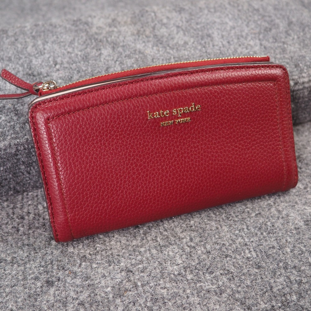 Kate Spade Bifold Wallet Red Pebble Leather Slim Zip Pocket Designer Chic